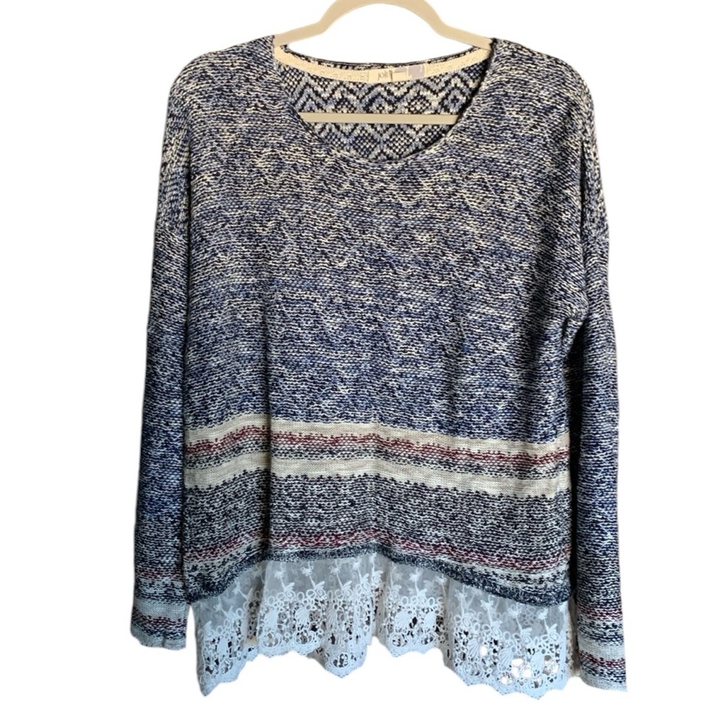 Jolt women’s size large sweater blue white tan maroon lace coastal boho breezy